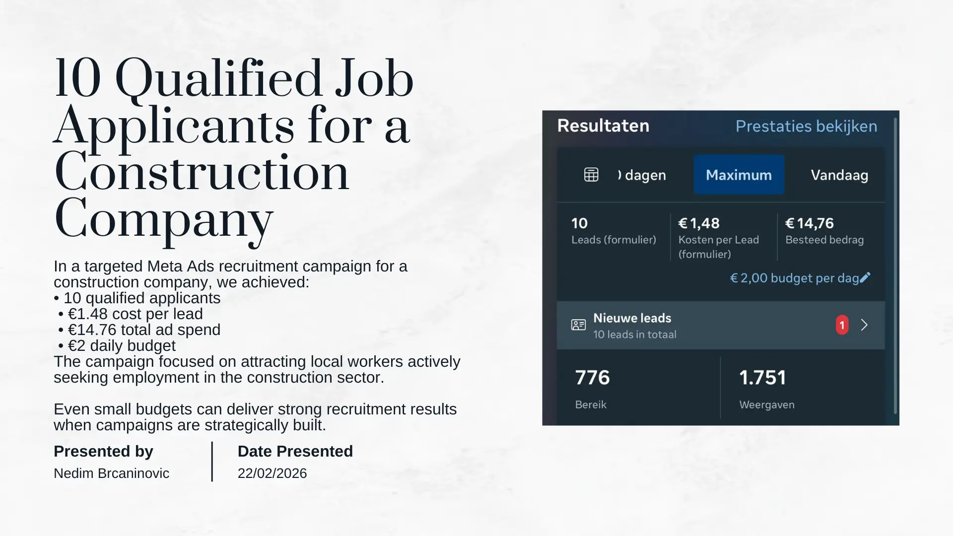 Meta Ads construction recruitment campaign results